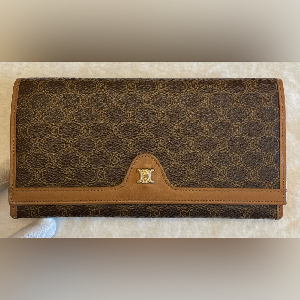 Celine Authentic Vintage Dark Brown and Tan Macadam Long Wallet